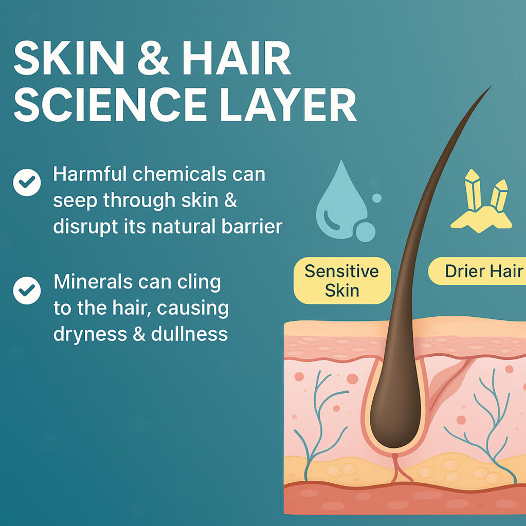 Educational diagram explaining how chemicals and minerals in tap water affect skin sensitivity and hair dryness.